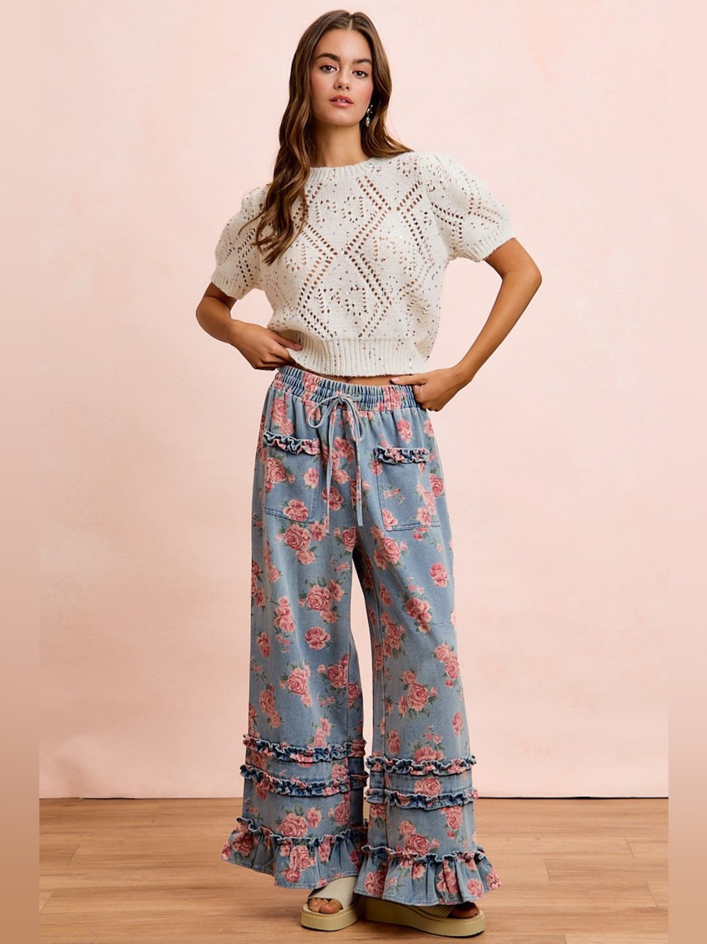 BiBi Washed Floral Denim With Ruffle Elastic Wide Pants 10010094801 - Picture 2 of 13
